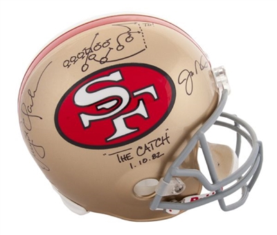 Joe Montana and Dwight Clark Dual Signed "The Catch" 49ers Helmet With Hand Drawn Play Inscription